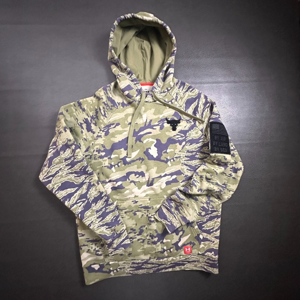 Under Armour Project Rock Hoodie Mens Medium Green Digital Tiger Stripe Camo